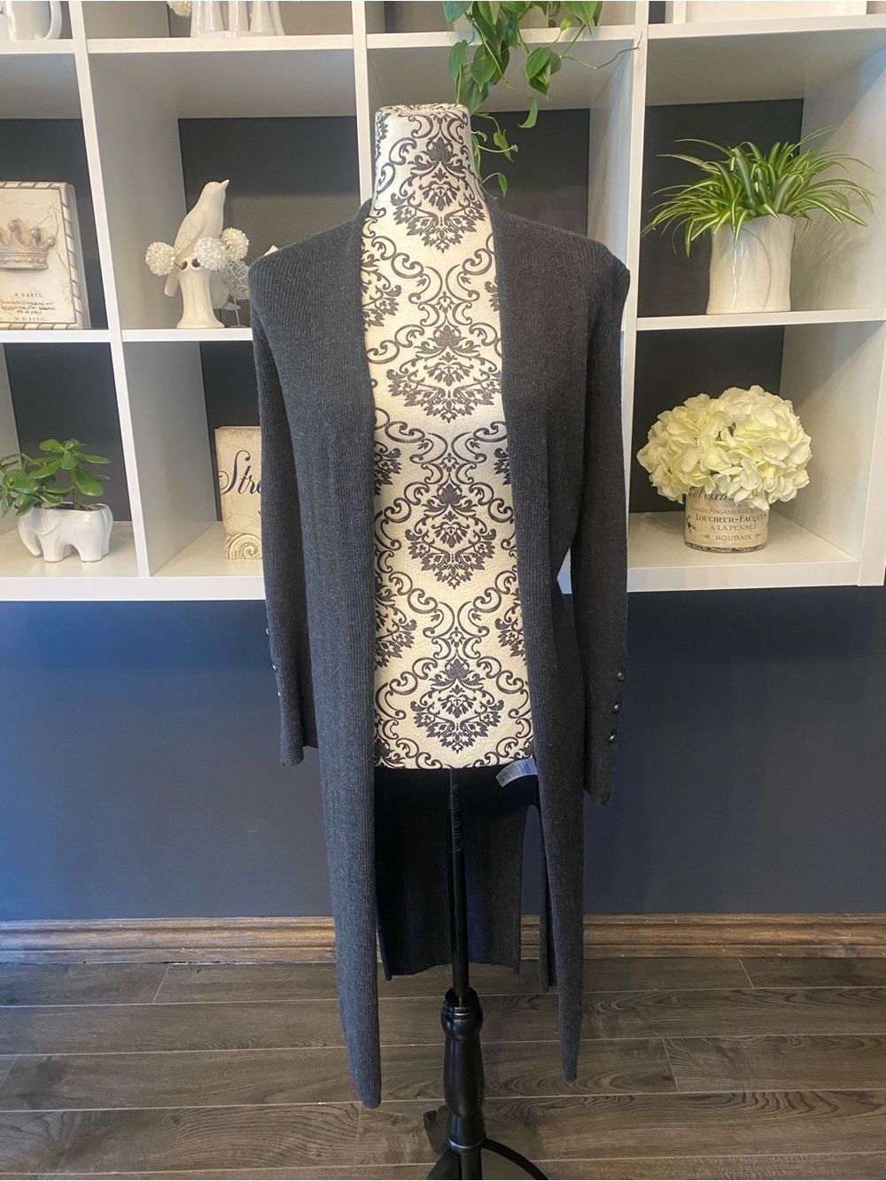100% Extra-Fine Merino Wool Classic Open-Front Long Cardigan Sweater - Charcoal